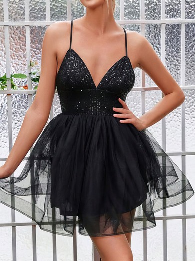 Puffy Black Skater V-neck Lace-Up Sequin Dress PT02053627