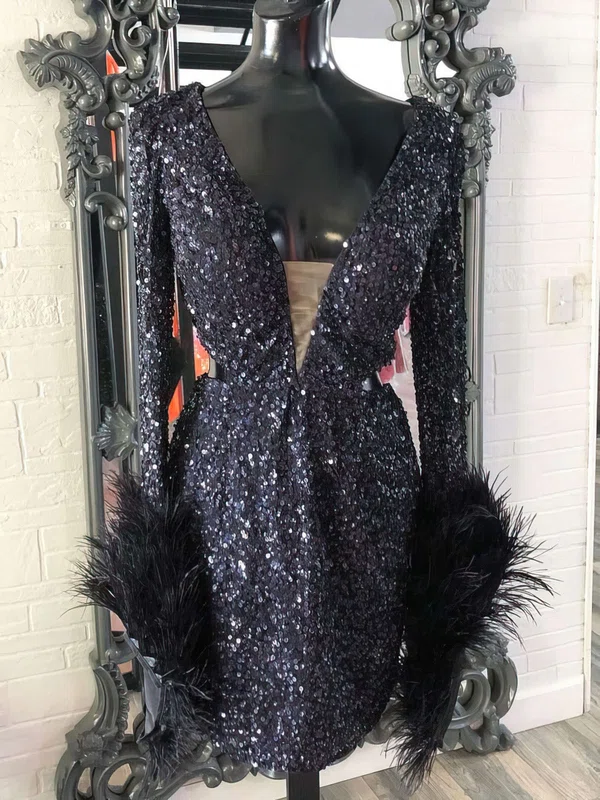 Sparkly Black Bodycon Feathers Sequin Dress PT02052540