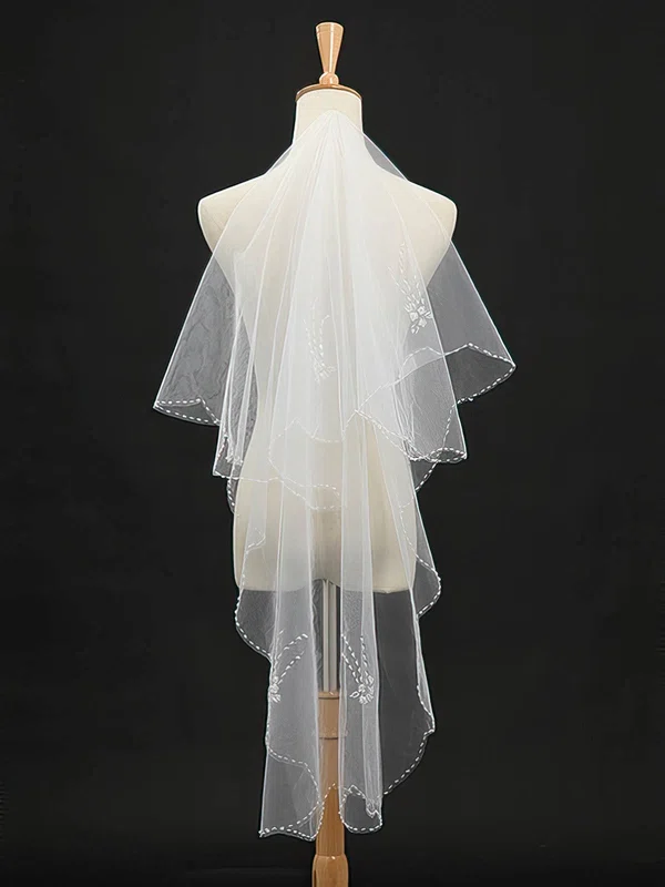 Two-tier Tulle Fingertip Beaded Edge Wedding Veils with Sequins #03010030