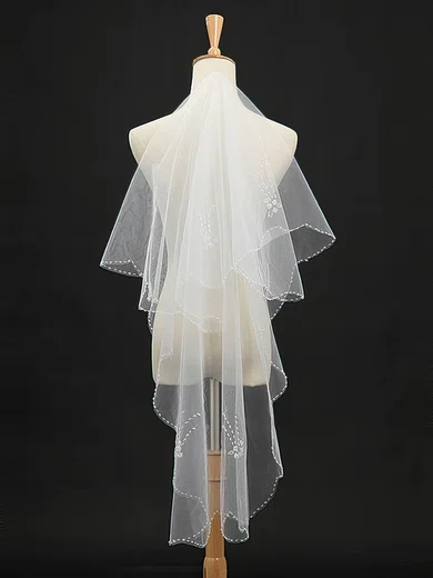 Two-tier Tulle Fingertip Beaded Edge Wedding Veils with Sequins #03010030