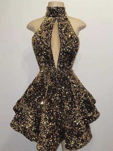 Sparkly Gold Skater Cut Out Sequin Dress PT02052621