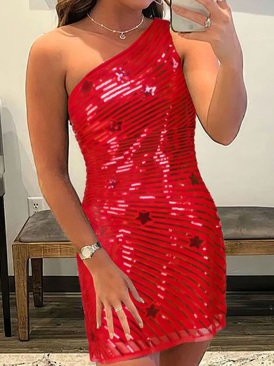 Glitter Red Tight One Shoulder Sequin Dress PT02052188