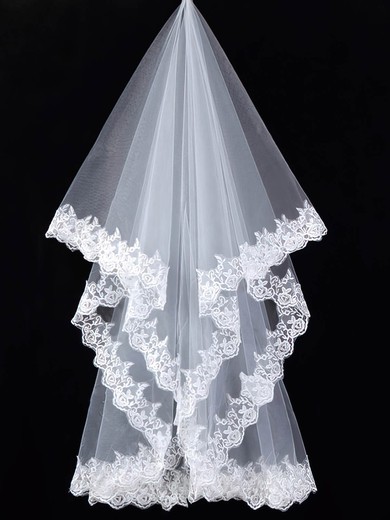One-tier Tulle Fingertip Wedding Veils with Lace Applique Edge #03010039
