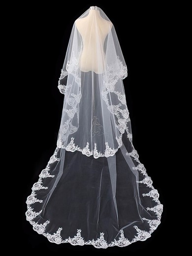 Two-tier Tulle Cathedral Wedding Veils with Lace Applique Edge #03010042