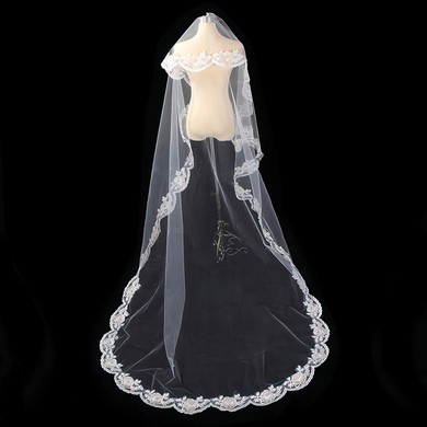 One-tier Tulle Cathedral Wedding Veils with Lace Applique Edge #03010043