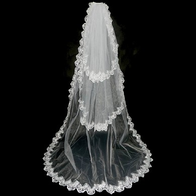 Three-tier Tulle Chapel Wedding Veils with Lace Applique Edge #03010050