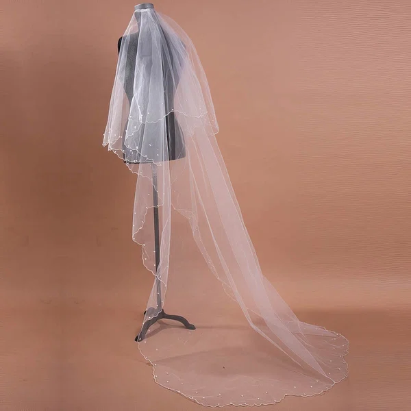 Two-tier Tulle Chapel Wedding Veils with Pearl Trim Edge #03010054