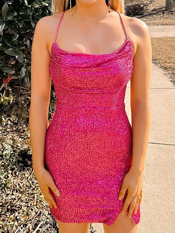 Sparkly Bodycon Fuchsia Cowl Neck Sequin Dress PT02053018