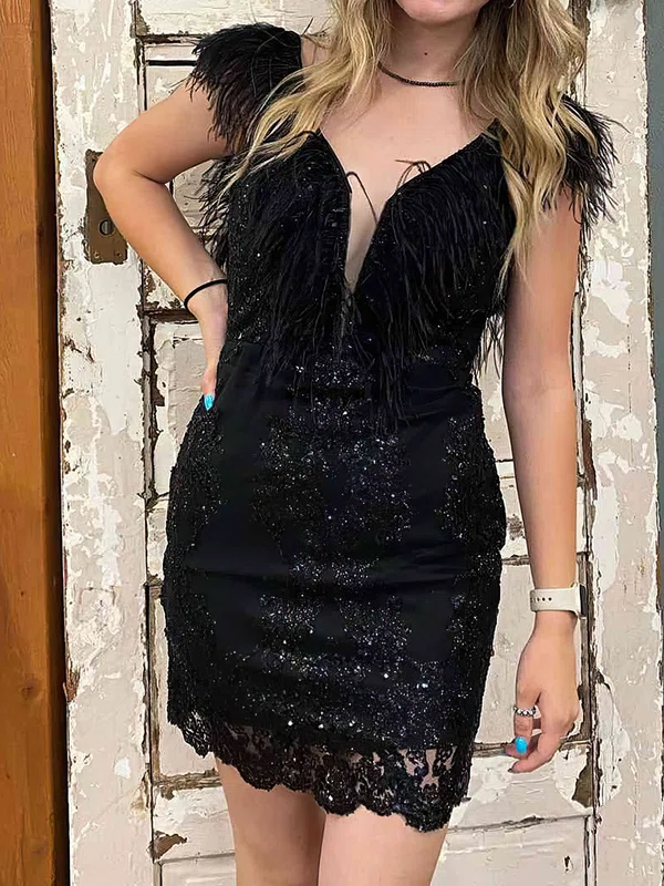 Glitter Black Tight V-neck Feathers Sequin Dress PT02053062