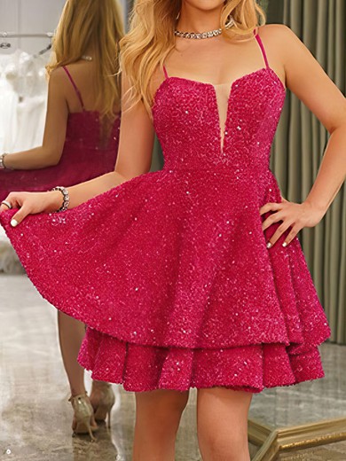 Sparkly Fuchsia Skater Sweetheart Ruched Sequin Dress PT02053202