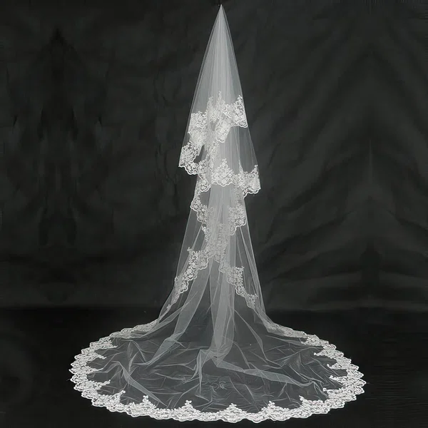 One-tier Tulle Cathedral Wedding Veils with Lace Applique Edge #03010058