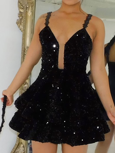 Sparkly Black Skater V-neck Beaded Sequin Dress PT02054340