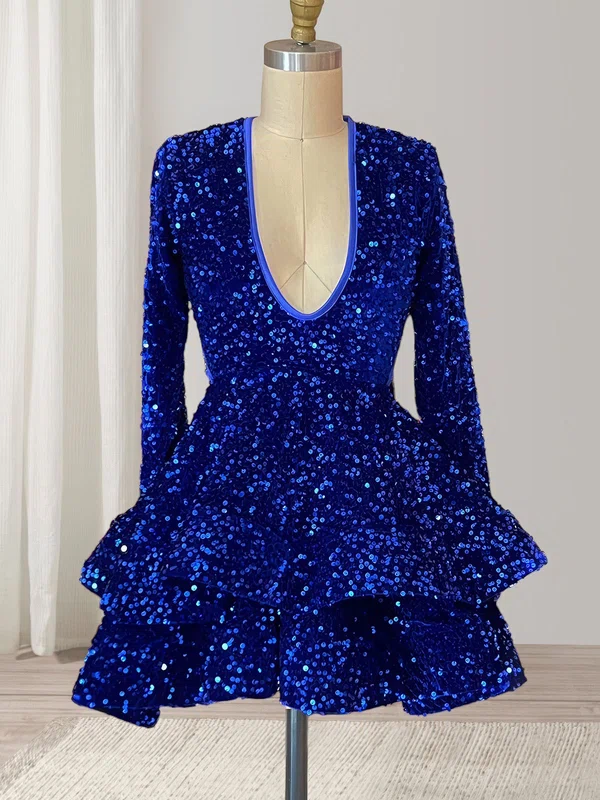 Sparkly Royal Blue Skater Lace-Up Sequin Dress PT02054370