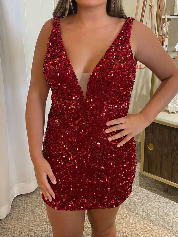 Sparkly Burgundy Bodycon V-neck Sequin Dress PT02052705