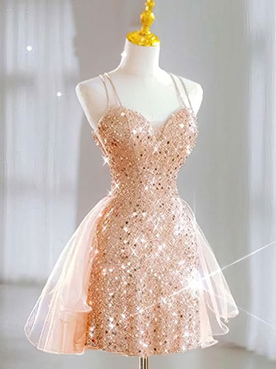 Sparkly Rose Gold Skater Sequined Sequin Dress PT02053290