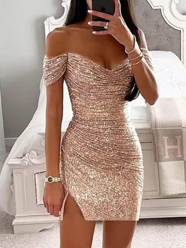 Sparkly Bodycon Off-the-shoulder Ruched Sequin Dress PT02054656