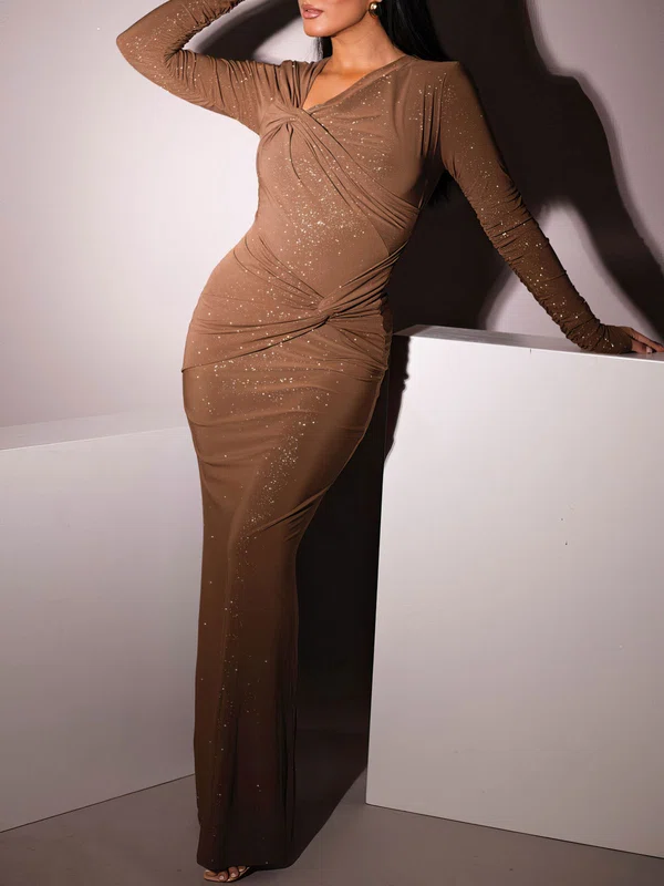 Asymmetrical Neck Ruched Glitter Long Sleeve Formal Dress PT02026148