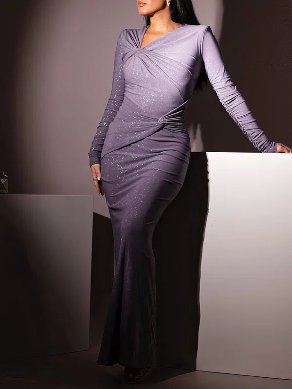 Asymmetrical Neck Ruched Glitter Long Sleeve Formal Dress PT02026159