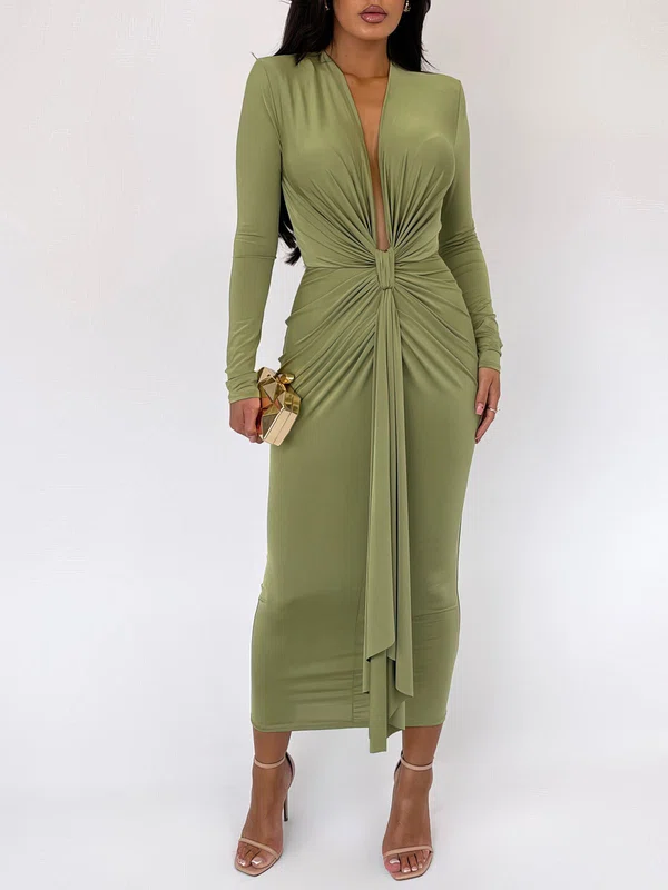 Long Sleeve V-neck Ruched Jersey Formal Dress PT02026196