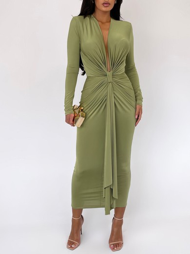 Long Sleeve V-neck Ruched Jersey Formal Dress PT02026196