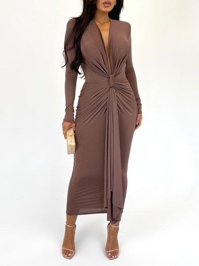 Long Sleeve V-neck Ruched Jersey Formal Dress PT02026197