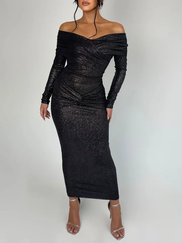 Black Long Sleeve Off Shoulder Ruched Glitter Formal Dress PT02026221