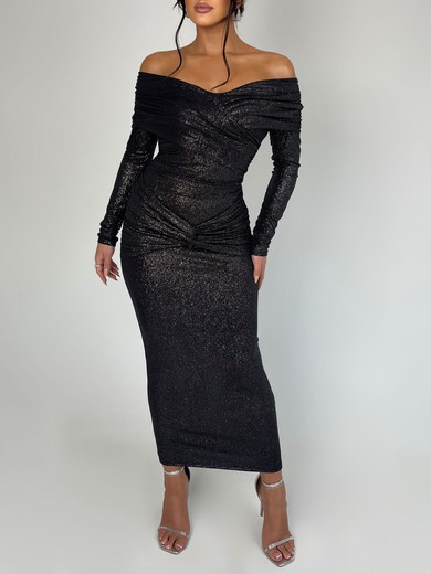 Black Long Sleeve Off Shoulder Ruched Glitter Formal Dress PT02026221