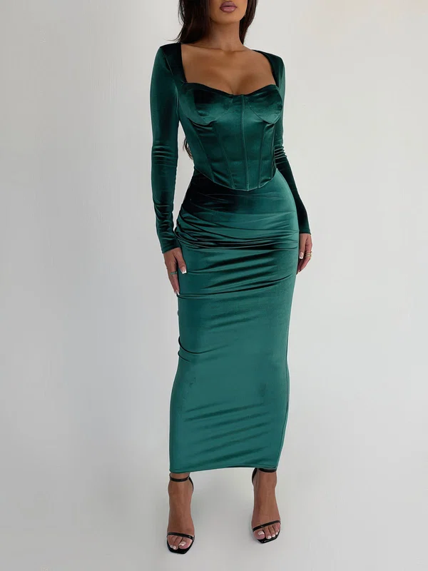 Dark Green Long Sleeve Sheath/Column Velvet Split Formal Dress PT02026235