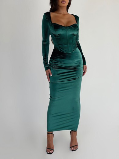 Dark Green Long Sleeve Sheath/Column Velvet Split Formal Dress PT02026235