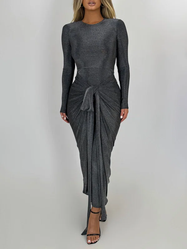 Long Sleeve Sheath/Column Scoop Neck Ruched Jersey Formal Dress PT02026236