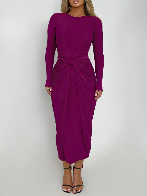 Long Sleeve Sheath/Column Scoop Neck Ruched Jersey Formal Dress PT02026237