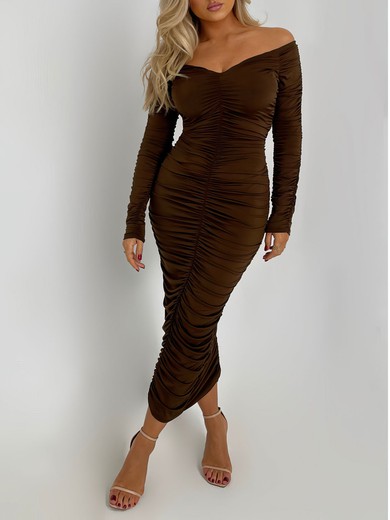 Sheath/Column Off Shoulder Jersey Ruched Long Sleeve Formal Dress PT02026249