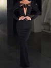 Elegant Black Satin Sheath/Column Long Sleeve Formal Dresses PT02028312