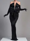 Modest Black Satin Sheath/Column Long Sleeve Bow Formal Dresses PT02028337