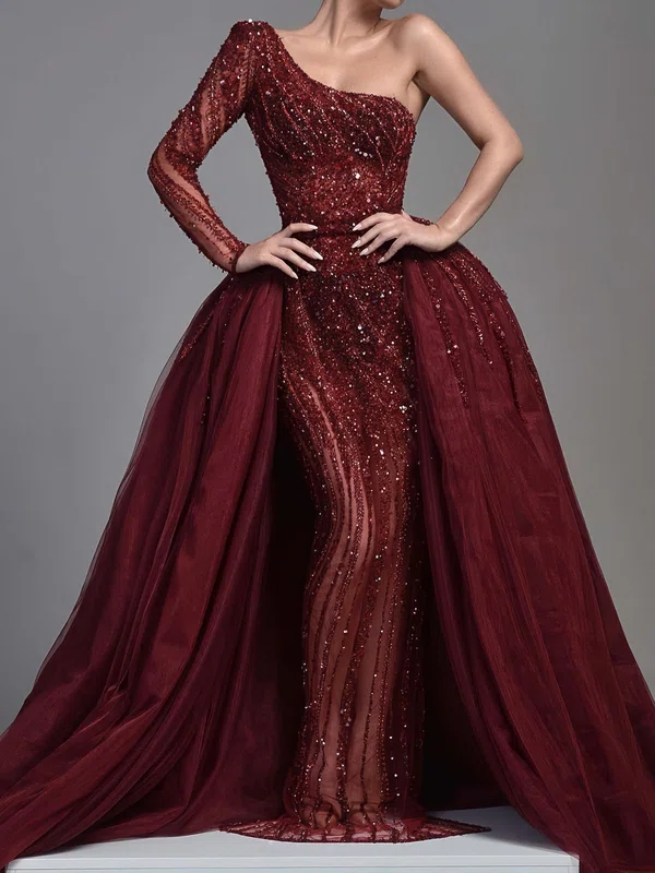 Sparkly Burgundy Organza Sequin One Shoulder Formal Dresses PT02028347
