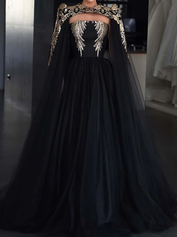 Modest Black Tulle Ball Gown/Princess Appliques Formal Dresses PT02028367