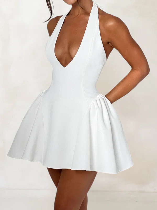 Puffy White Stretch Crepe Skater Halter Mini Dress PT02054689