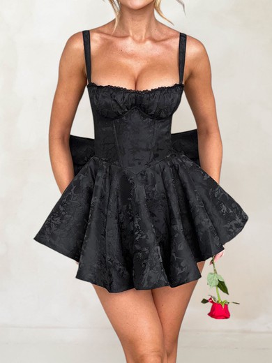 Unique Black Satin Skater Sweetheart Bow Mini Dress PT02054696