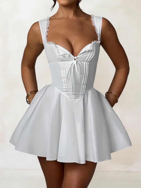 Puffy White Satin Skater Sweetheart Lace Mini Dress PT02054698