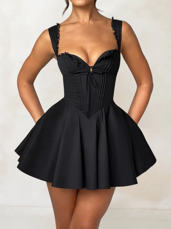 Puffy Black Satin Skater Sweetheart Lace Mini Dress PT02054699