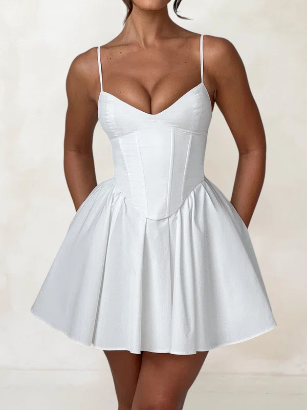 Puffy White Satin Skater V-neck Ruched Mini Dress PT02054701