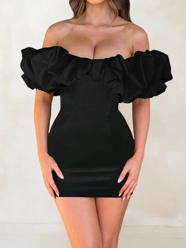 Unique Black Satin Tight Ruffle Mini Dress PT02054704