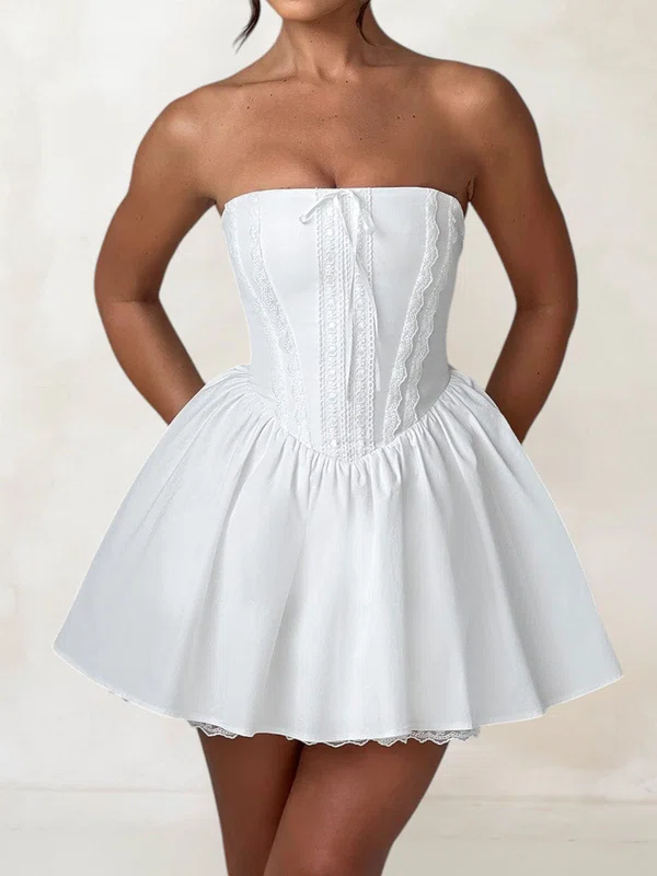 Puffy White Satin Skater Straight Lace Mini Dress PT02054706