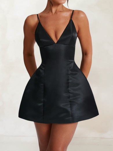 Elegant Black Satin Skater V-neck Mini Dress PT02054713