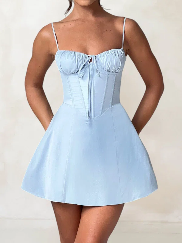 Puffy Sky Blue Satin Skater Sweetheart Mini Dress PT02054739