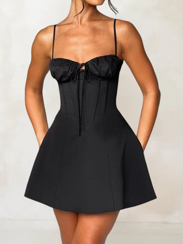 Puffy Black Satin Skater Sweetheart Mini Dress PT02054743