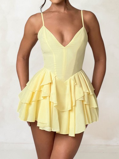 Puffy Daffodil Chiffon Skater V-neck Tiered Mini Dress PT02054745