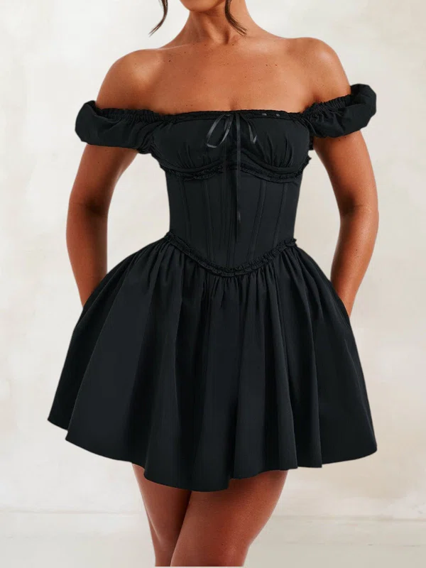 Corset Black Satin Skater Ruffle Mini Dress PT02054755