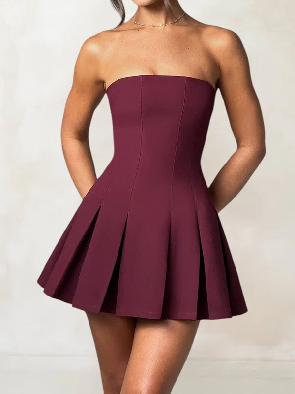 Puffy Burgundy Stretch Crepe Skater Pleated Mini Dress PT02054767