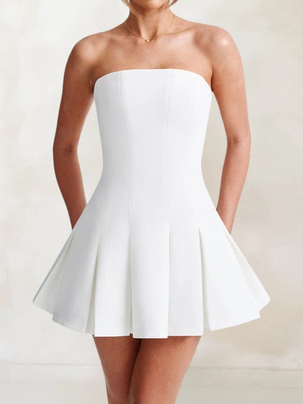 Puffy White Stretch Crepe Skater Pleated Mini Dress PT02054770